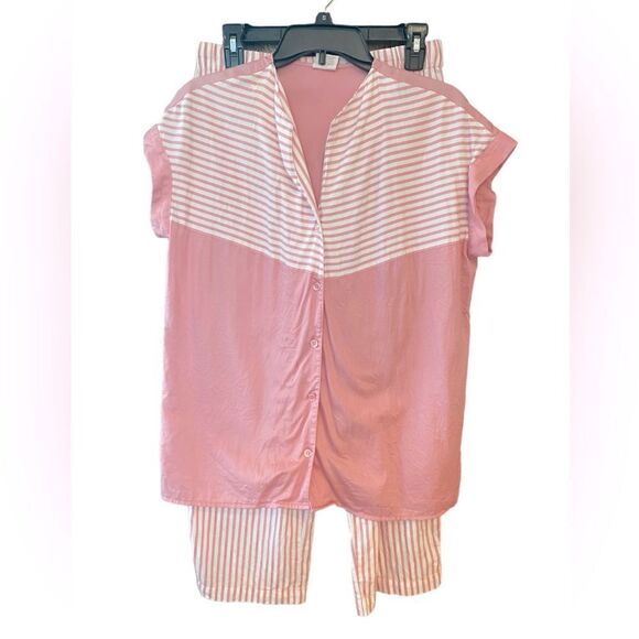 Cabernet Sz M Pink White Solid Stripe Pattern 2-Pièce Comfy Soft Cotton Pajamas - Picture 1 of 6